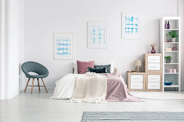 Armchair in pastel bedroom interior — Stock Photo, Image