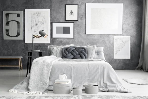 Bedroom with gallery of posters — Stock Photo, Image