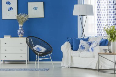 Mavi ve beyaz oturma odası