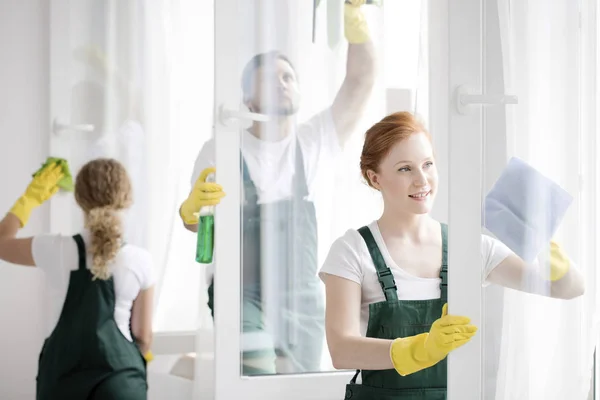 Team cleaning office windows — Stock Photo, Image