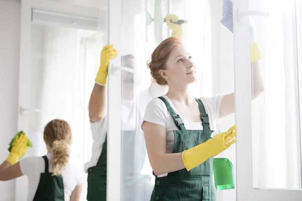 Limpiadores lavando ventanas — Foto de Stock