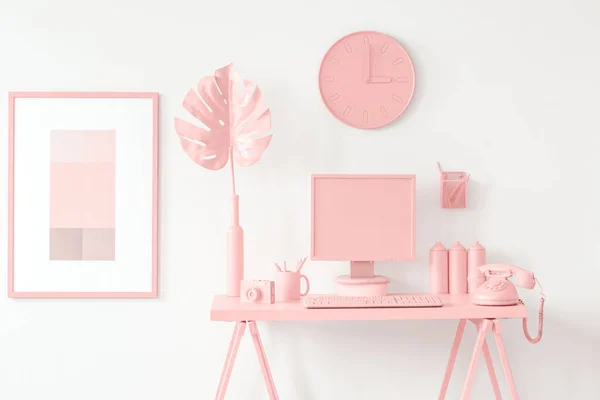 Růžový pracovní prostor v teenage místnosti — Stock fotografie