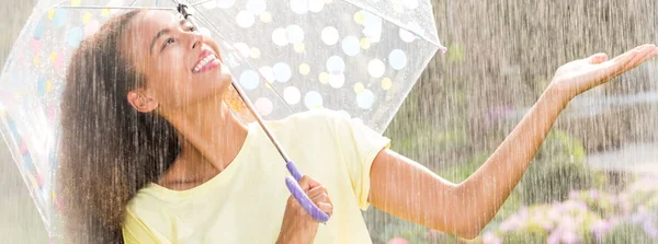 Cheerful girl with transparent umbrella — Stock Photo, Image