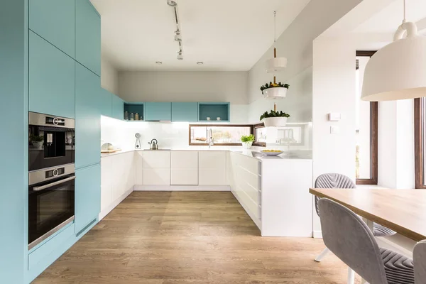 Blauwe en witte keuken interieur — Stockfoto