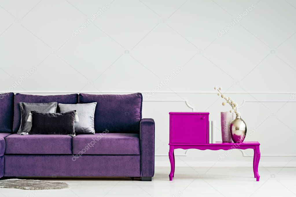 White and purple living room