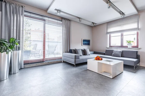 Prostorná šedá obývací pokoj — Stock fotografie