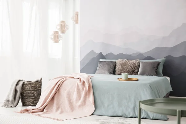 Pastel bedroom interior with mountain