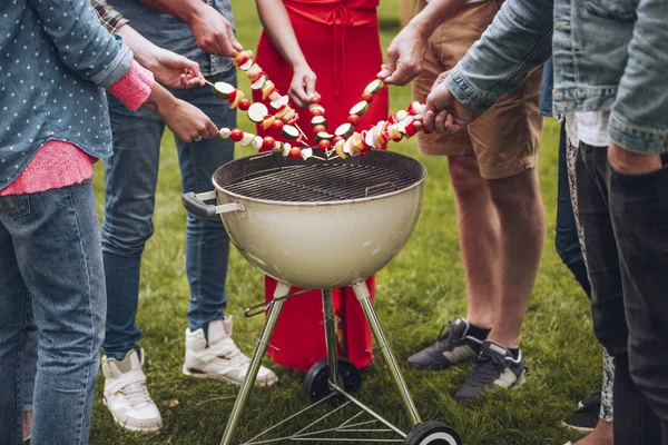 Gruppe von Leuten grillt Schaschlik — Stockfoto