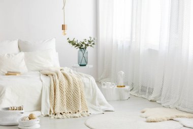 Inspiration for a basic white bedroom interior with textiles and diy designer accessories clipart