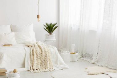 Parlak, rahat yatak odası iç beyaz yatak yatak, palm bitki ve büyük pencere ile