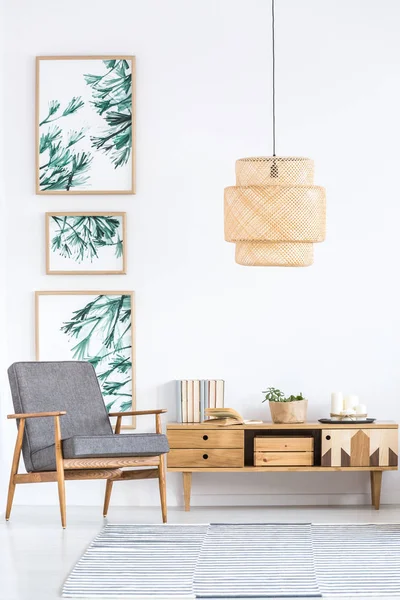 Rattan Lamp Wooden Cupboard Grey Armchair Retro Living Room Interior — Stock Photo, Image