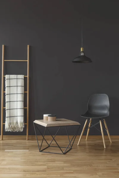 Black Metal Lamp Hanging Modern Coffee Table Black Chair Dark — Stock Photo, Image