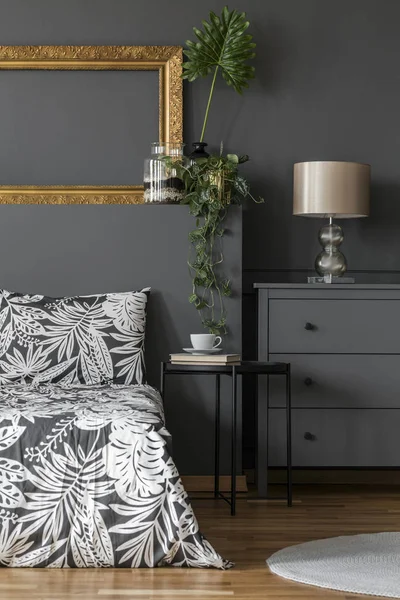 Gold Lamp Grey Cabinet Floral Bedroom Interior Mockup Empty Frame — Stock Photo, Image