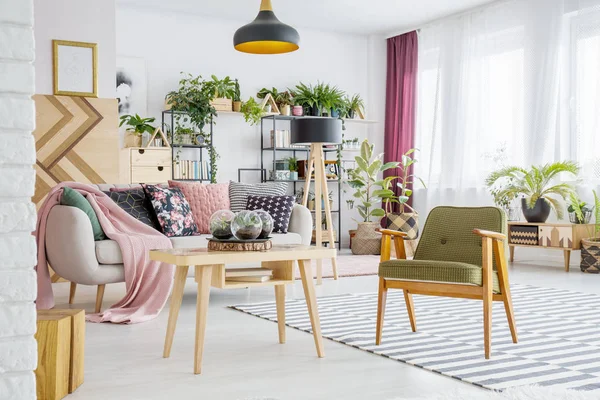 Helles Wohnzimmer Mit Fenstern Sofa Sessel Und Regal Mit Frischen — Stockfoto