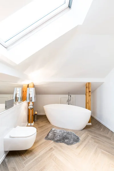 Banheira Oval Minimalista Brilhante Banheiro Branco Interior — Fotografia de Stock