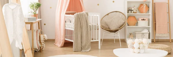 Gold Armchair Next White Crib Blanket Pink Baby Bedroom Interior — Stock Photo, Image