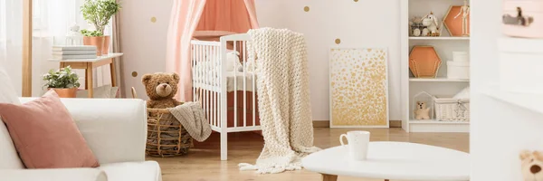 Teddy Bear Basket Next White Crib Pink Gold Kid Bedroom — Stock Photo, Image