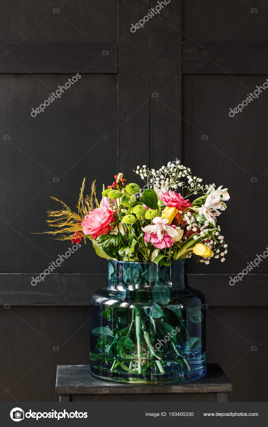 Big Bouquet Spring Flowers Glass Vase Black Background Mother Day