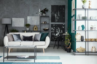 Bej kanepe ve oturma odası iç gri duvar ve raflar üzerinde Galeri ile tablo