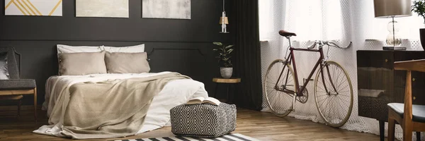 Elegant Dark Bedroom Interior King Size Bed Bike Placed Window — Stock Photo, Image
