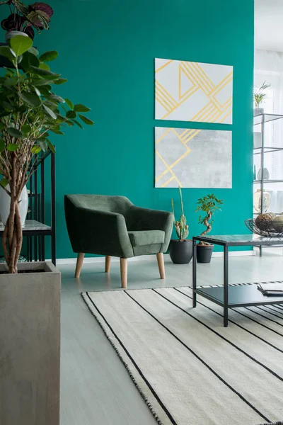 Grüner Sessel Neben Pflanzen Der Wand Mit Goldpostern Wohnzimmer — Stockfoto