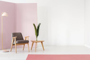 Beyaz, boş duvar yanındaki gri koltuk ve bitki ile ahşap masa