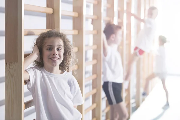 Happy Boy Gymnastic Outfit Sport Activities School — Stock Photo, Image