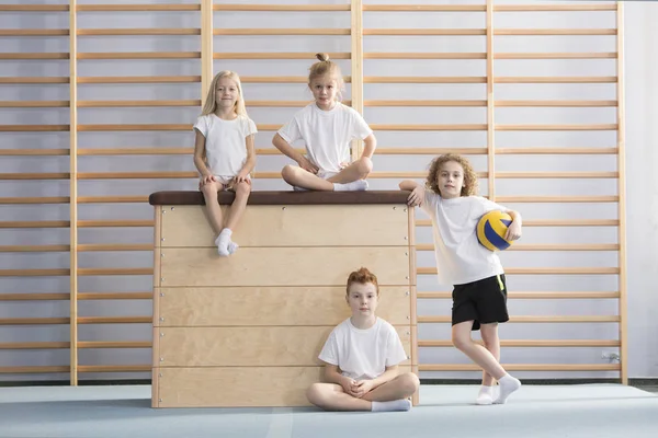 Boy Ball Next Wood Vaulting Box Which Smile Children Sitting — Stok Foto