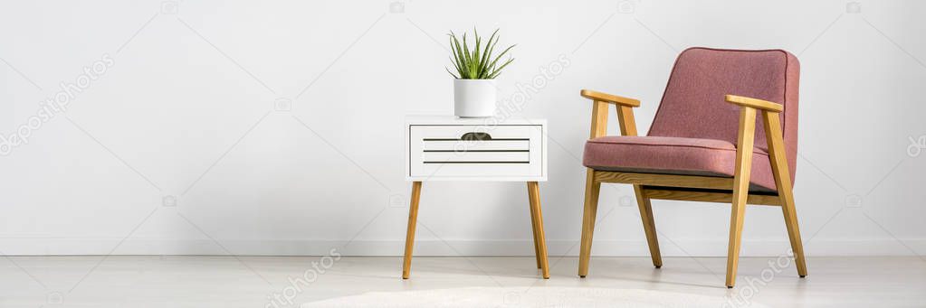 Minimalist photo of pink, retro armchair and a white table with a plant in living room interior