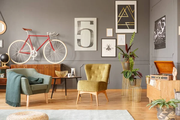 Armchairs, coffee table and bike