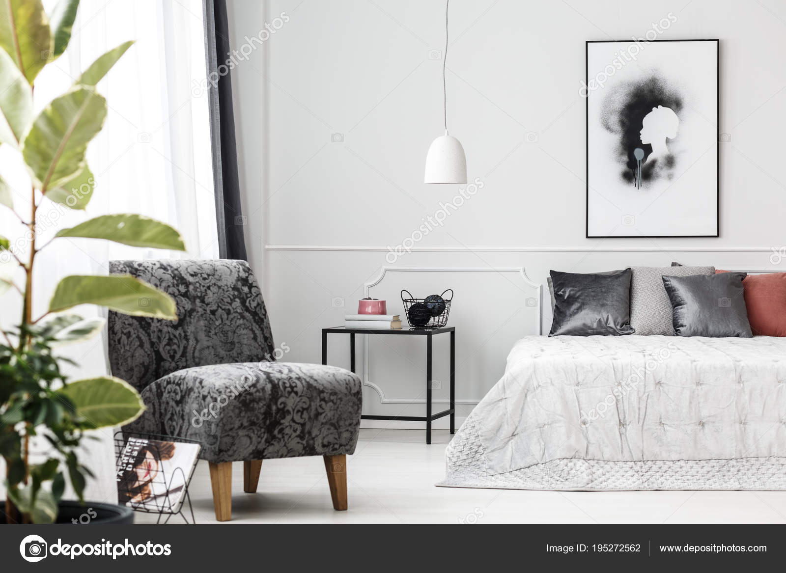 Teal And Silver Bedroom Grey Armchair In Bedroom Stock