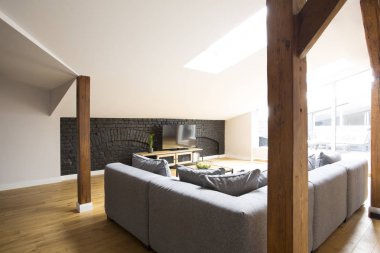 Geniş gri oturma odası iç