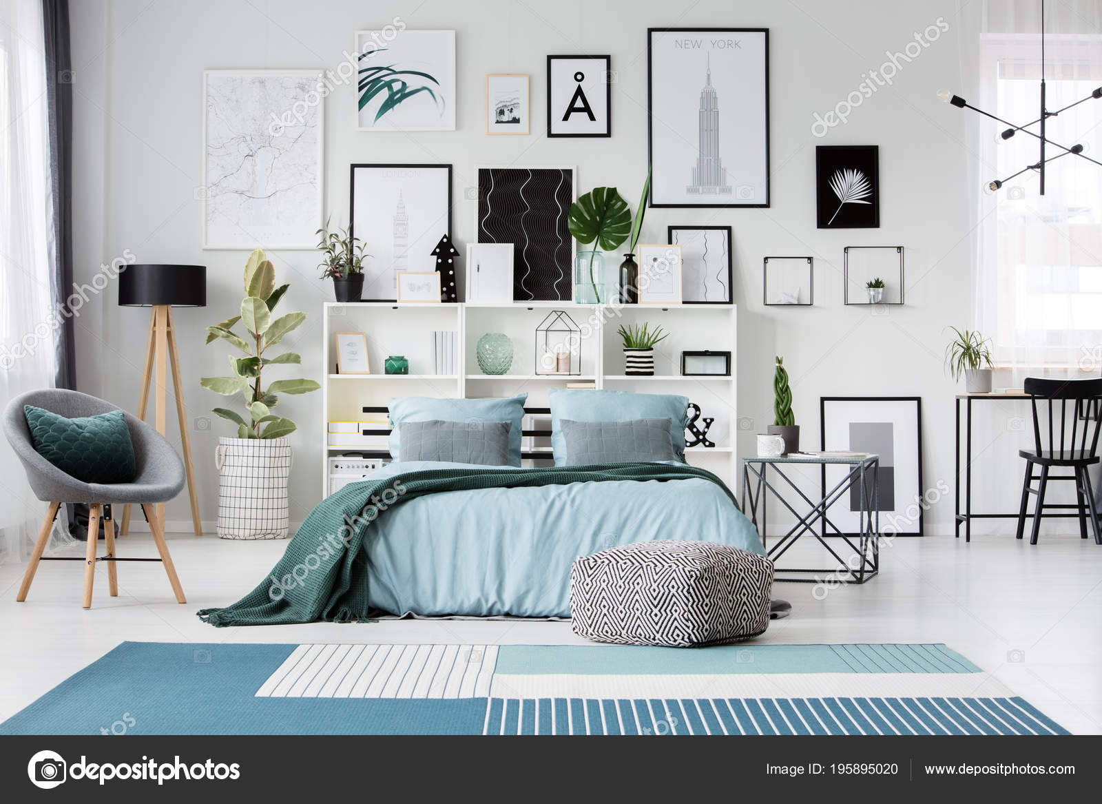 Blue Carpet Pouf Bed Spacious Bedroom Interior Grey Armchair Posters Stock Photo Image By C Photographee Eu
