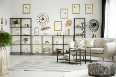 Desen kabarık ve halı beyaz salon iç zarif kanepe, metal raflar ve siyah tablolar