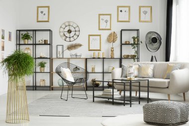 Bitki ve geniş altın oturma odası iç bej kanepe yakınındaki siyah sandalye ile desenli kabarık