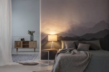 Yatak odası iç ışık ile gece. Yatakta üretim tesisi ile ahşap dolap yakınındaki gri yatak takımları