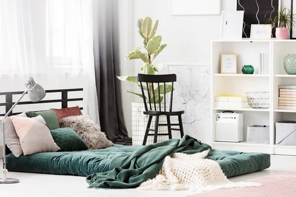 Grüne Matratze Zwischen Lampe Und Schwarzem Stuhl Schlafzimmerinnenraum Mit Ficus — Stockfoto