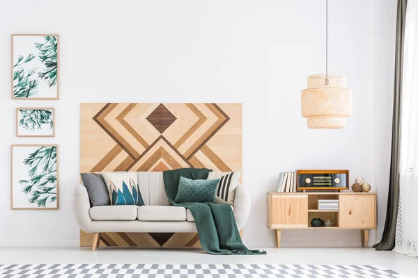 Radio Wooden Cupboard Next Sofa Retro Living Room Interior Leaves — Stock Photo, Image