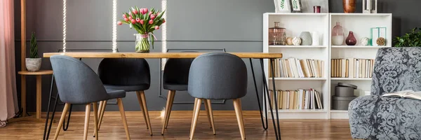 Four Grey Chairs Standing Hairpin Table Dining Room Interior Reading — Stock Photo, Image