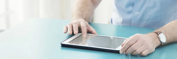 Close Panorama Male Doctor Hands Table Checking Medical History Information — Stock Photo, Image