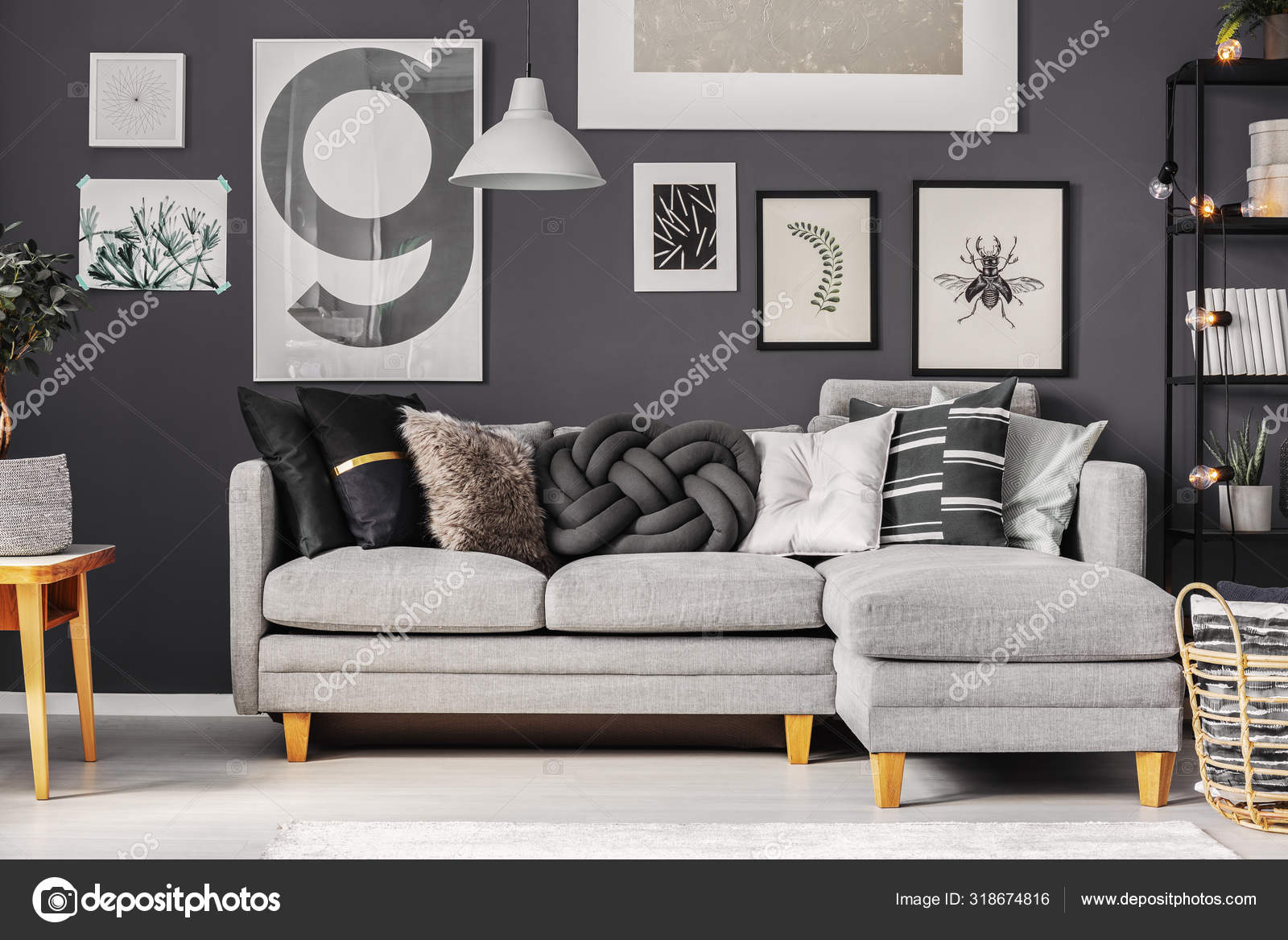 melodi Huddle Skrøbelig Grey and black pillows on comfortable corner sofa in fashionable  scandinavian living room Stock Photo by ©photographee.eu 318674816