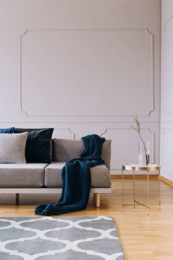 Parlak oturma odası iç modern kanepe üzerinde Yastık ve battaniye