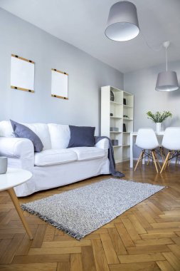 Moda oturma odasının içindeki ahşap zeminde küçük, rahat bir halı.