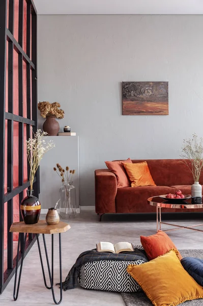 Foto real de um sofá vermelho no interior da sala de estar brilhante com uma pintura na parede branca e um livro sobre um pufe — Fotografia de Stock