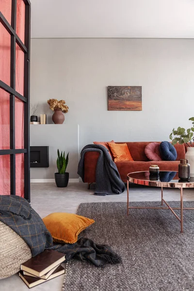 Echte foto van een ruime woonkamer interieur verdeeld met een zwart en rood scherm — Stockfoto