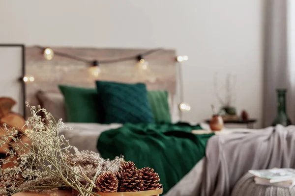 Close up of christmas arrangement with cones in rustic bedroom interior — Stock Photo, Image