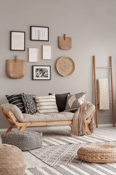 Soggiorno interno naturale con comodo divano con futon scandinavo — Foto Stock