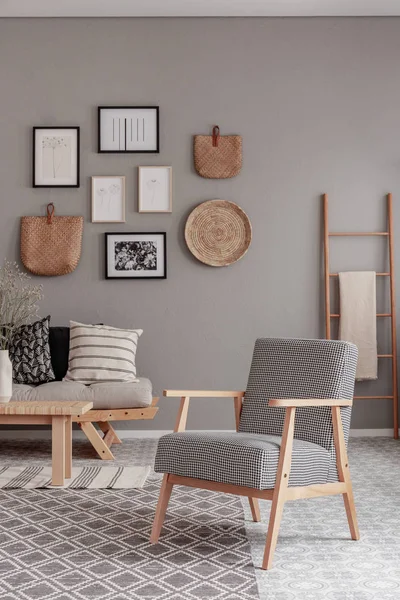 Fauteuil vintage avec motif à damier à côté du confortable canapé beige avec oreillers dans le bel intérieur du salon — Photo