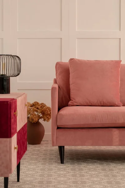 Fashionabel sammet pastell rosa soffa i vitt vardagsrum interiör med trendig design — Stockfoto