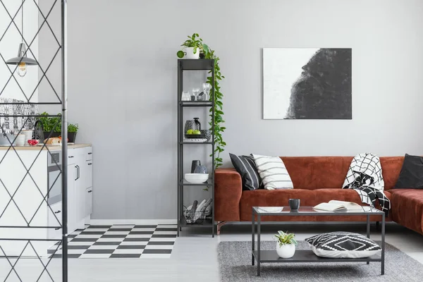 Libreria in metallo nero in grigio Interno soggiorno scandinavo con divano in velluto marrone — Foto Stock